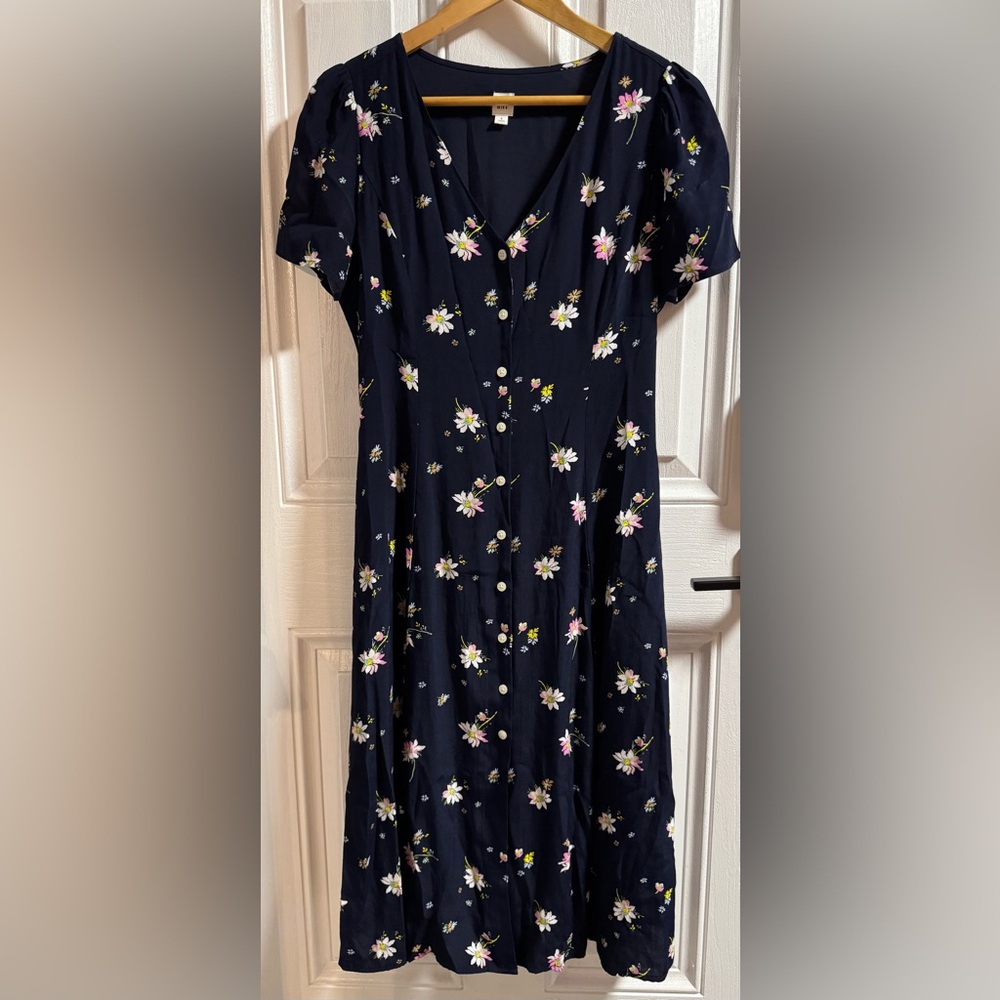 GAP Floral Button Front Dress Navy Blue Short Sleeve Midi Size 6 Casual